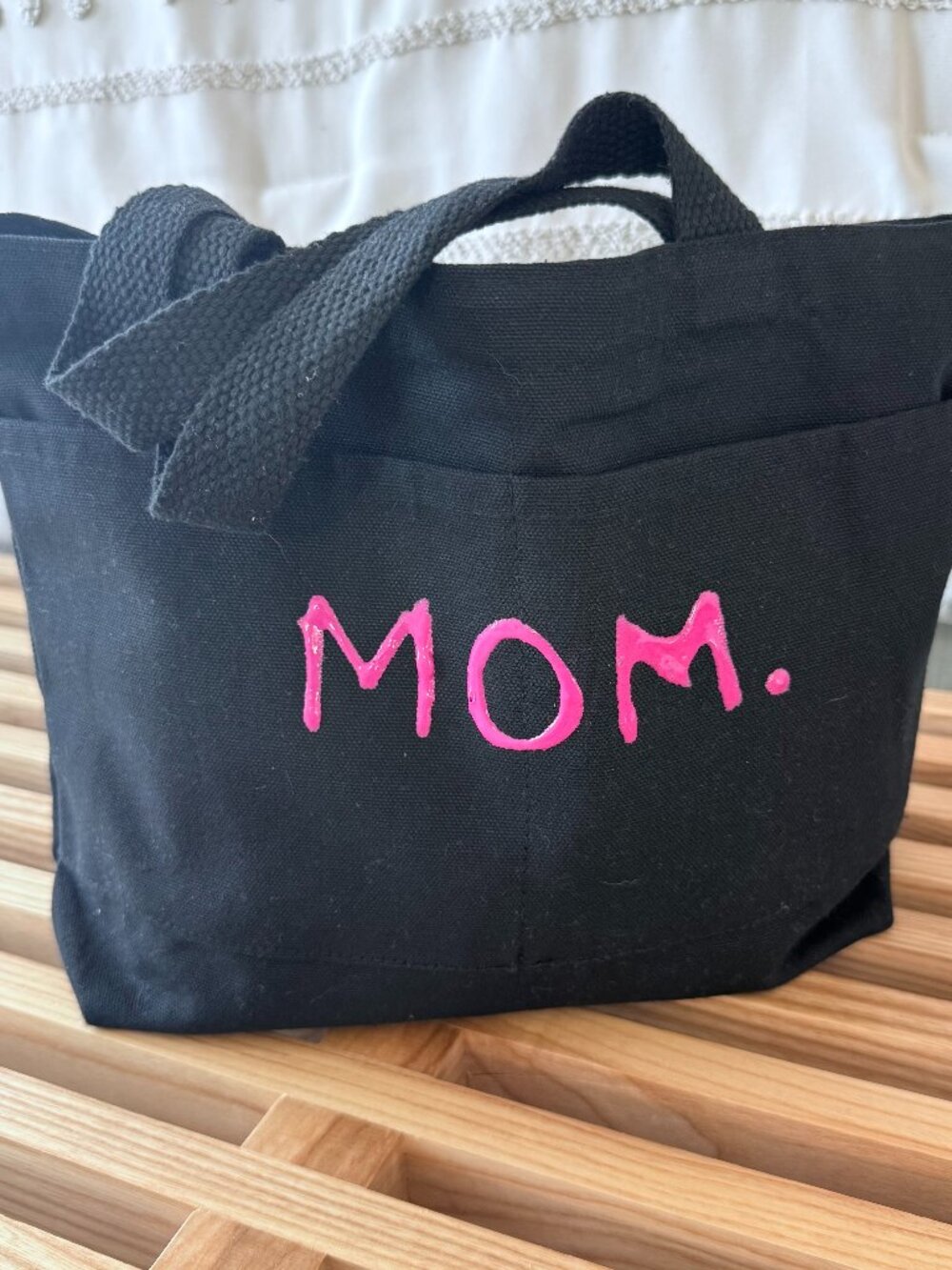 Black Canvas Mini Tote Bag Pink Hot Pink Paint MOM Front Pocket Carryall